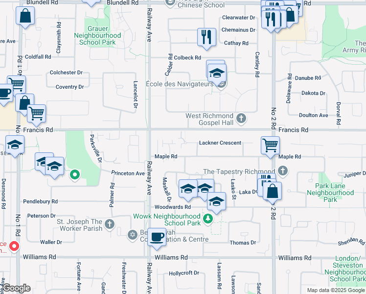 map of restaurants, bars, coffee shops, grocery stores, and more near 5300 Lackner Crescent in Richmond