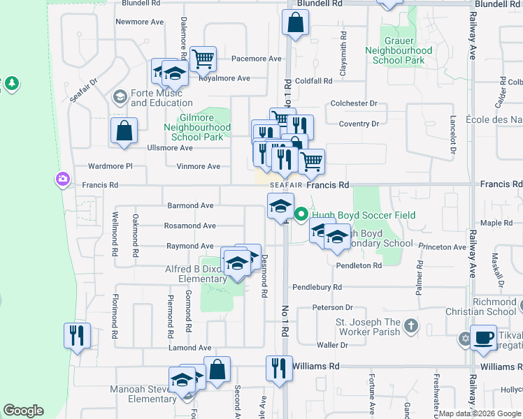 map of restaurants, bars, coffee shops, grocery stores, and more near 9031 Desmond Road in Richmond