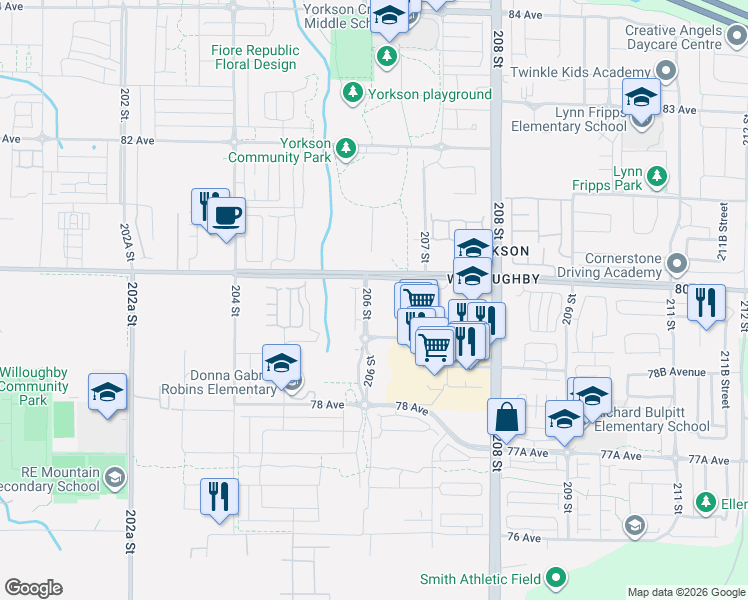 map of restaurants, bars, coffee shops, grocery stores, and more near 7936 206 Street in Langley Township