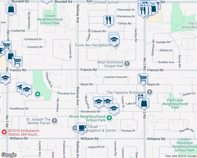 map of restaurants, bars, coffee shops, grocery stores, and more near 5300 Lackner Crescent in Richmond