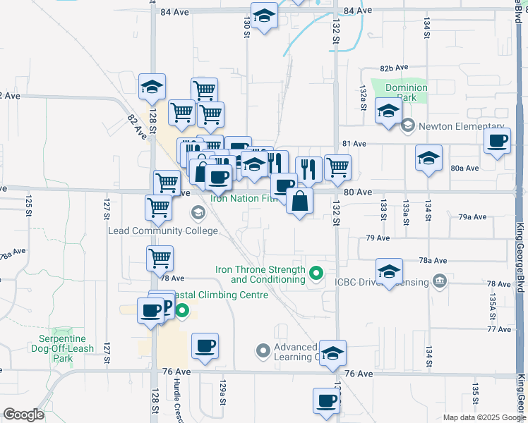 map of restaurants, bars, coffee shops, grocery stores, and more near 13018 80 Avenue in Surrey