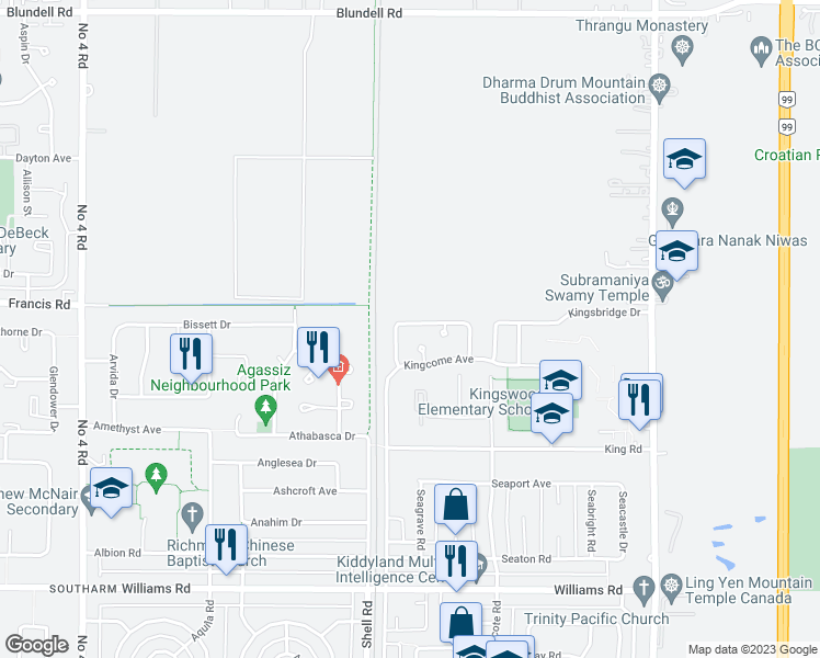 map of restaurants, bars, coffee shops, grocery stores, and more near 9356 Kingsley Crescent in Richmond