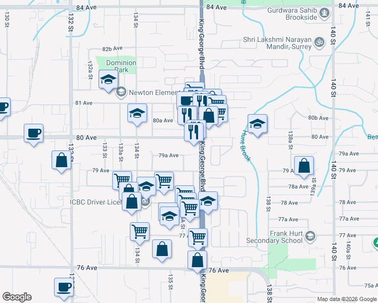 map of restaurants, bars, coffee shops, grocery stores, and more near 13561 79A Avenue in Surrey