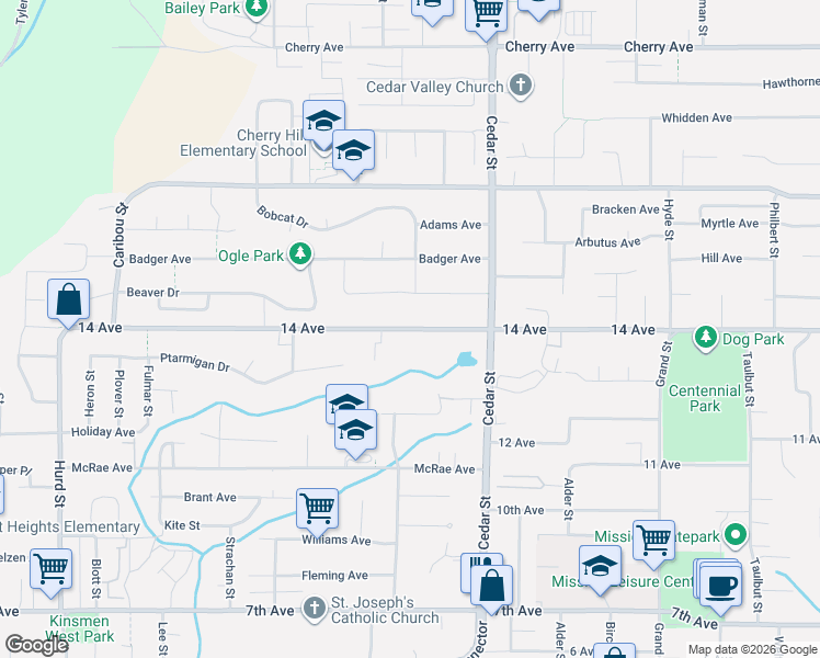 map of restaurants, bars, coffee shops, grocery stores, and more near 14 Avenue in Mission