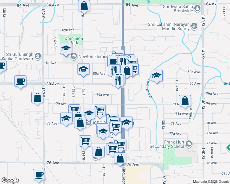 map of restaurants, bars, coffee shops, grocery stores, and more near 13561 79A Avenue in Surrey