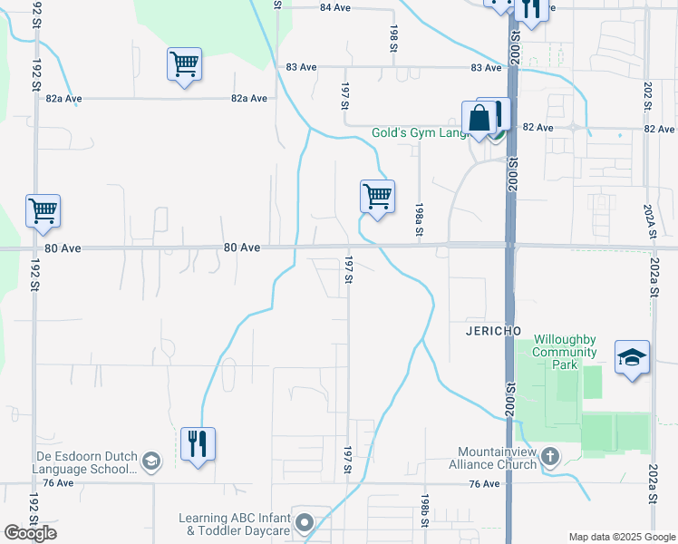 map of restaurants, bars, coffee shops, grocery stores, and more near 19678 80 Avenue in Langley Township