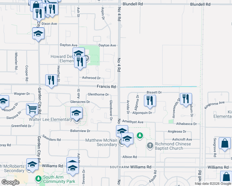 map of restaurants, bars, coffee shops, grocery stores, and more near 9071 Number 4 Road in Richmond