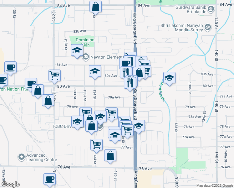 map of restaurants, bars, coffee shops, grocery stores, and more near 13517 79A Avenue in Surrey