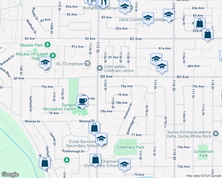 map of restaurants, bars, coffee shops, grocery stores, and more near 11256 79A Avenue in Delta