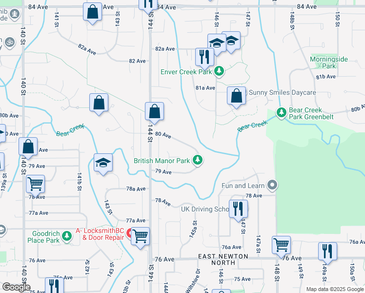 map of restaurants, bars, coffee shops, grocery stores, and more near 14496 80 Avenue in Surrey