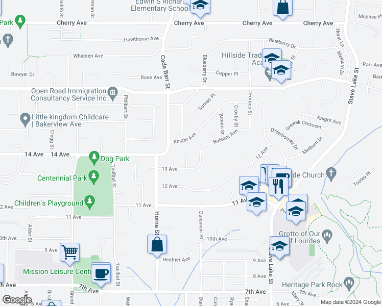 map of restaurants, bars, coffee shops, grocery stores, and more near 8006 Willow Street in Mission