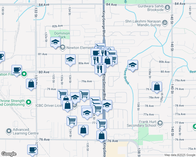 map of restaurants, bars, coffee shops, grocery stores, and more near 13561 79A Avenue in Surrey