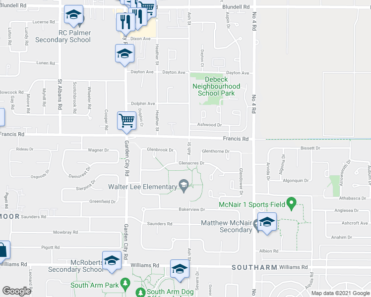 map of restaurants, bars, coffee shops, grocery stores, and more near 9071 Ash Street in Richmond