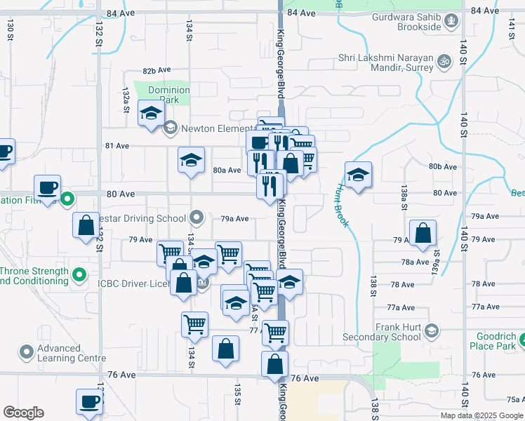 map of restaurants, bars, coffee shops, grocery stores, and more near 17155 79A Avenue in Surrey