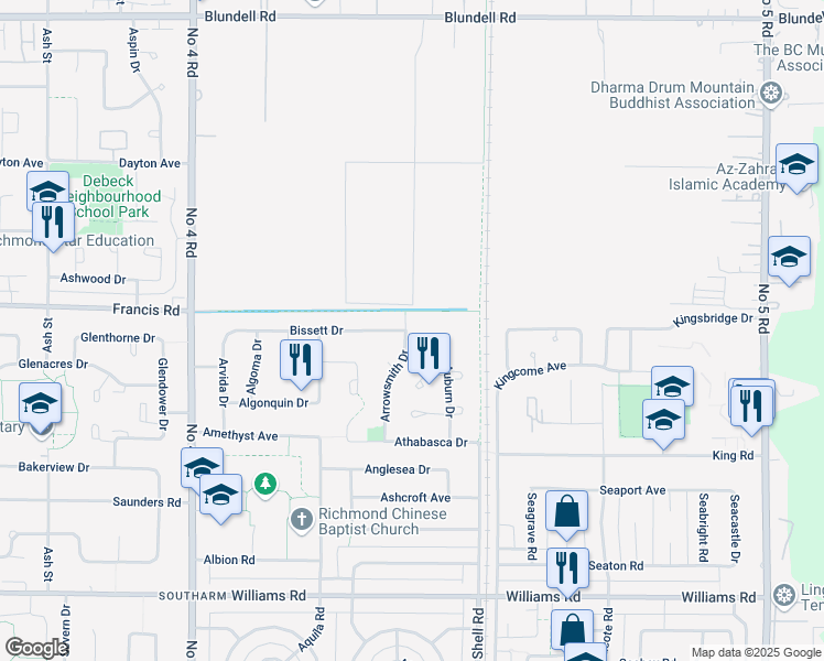 map of restaurants, bars, coffee shops, grocery stores, and more near 9060 Arrowsmith Drive in Richmond