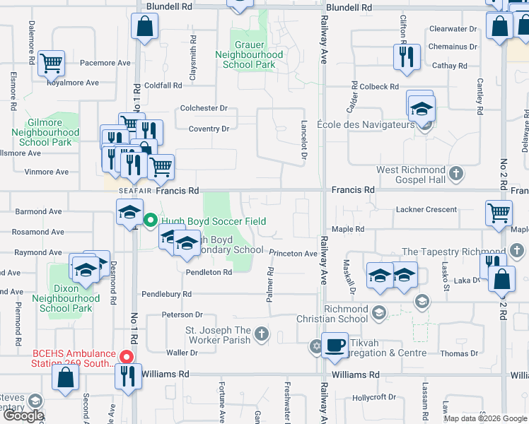 map of restaurants, bars, coffee shops, grocery stores, and more near 9300 Parksville Drive in Richmond