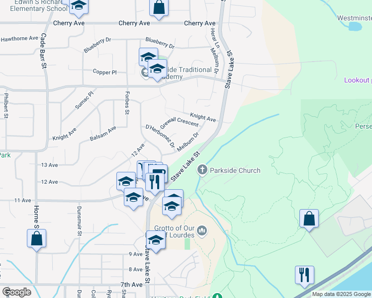 map of restaurants, bars, coffee shops, grocery stores, and more near 8004 Melburn Drive in Mission
