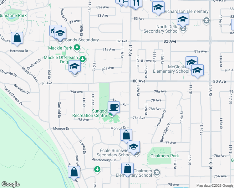 map of restaurants, bars, coffee shops, grocery stores, and more near 11138 Evans Place in Delta