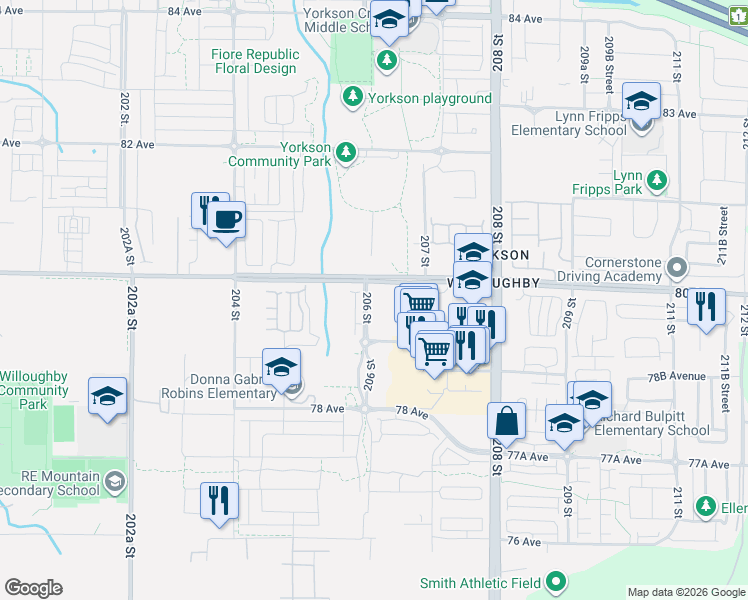 map of restaurants, bars, coffee shops, grocery stores, and more near 7936 206 Street in Langley Township