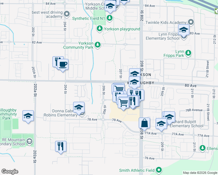 map of restaurants, bars, coffee shops, grocery stores, and more near 7936 206 Street in Langley Township
