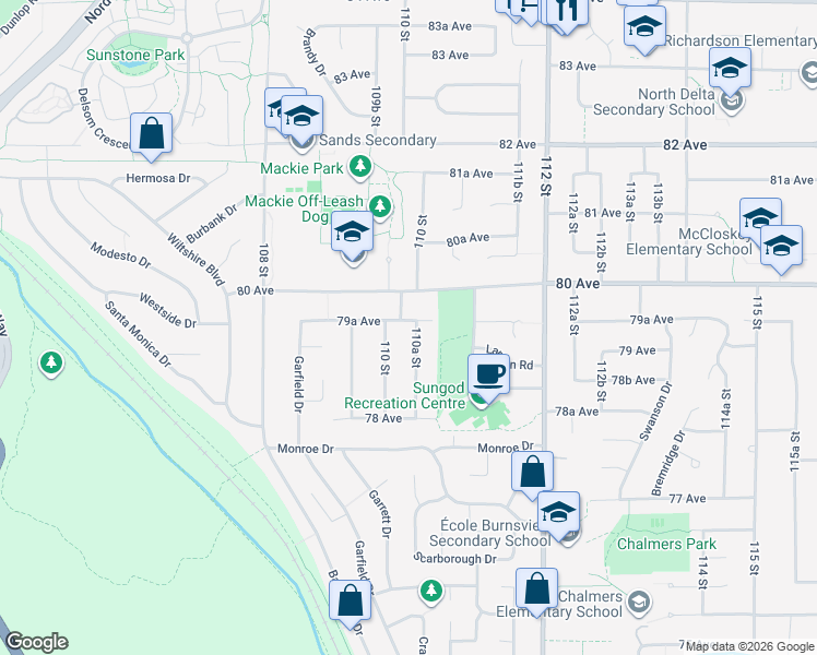 map of restaurants, bars, coffee shops, grocery stores, and more near 7923 110A Street in Delta