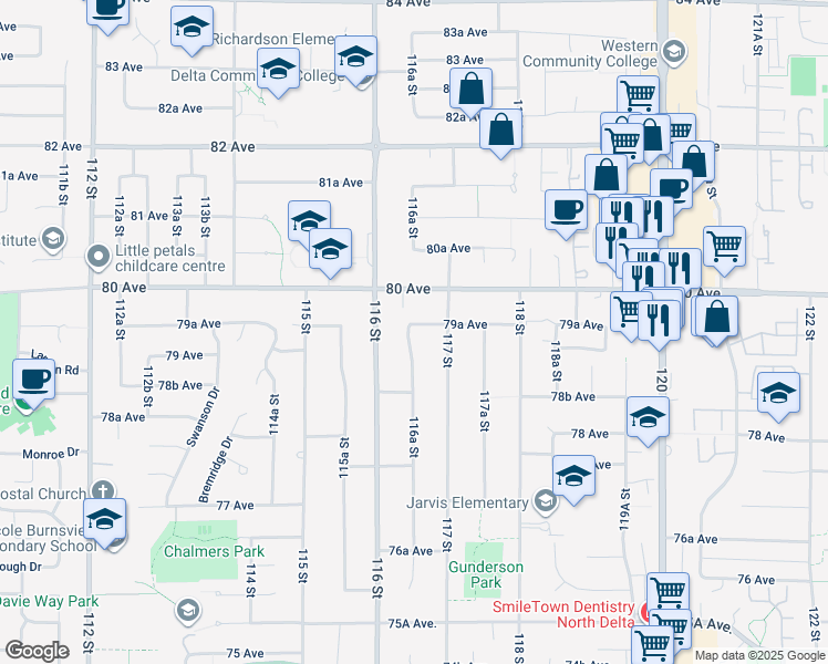 map of restaurants, bars, coffee shops, grocery stores, and more near 7946 116A Street in Delta