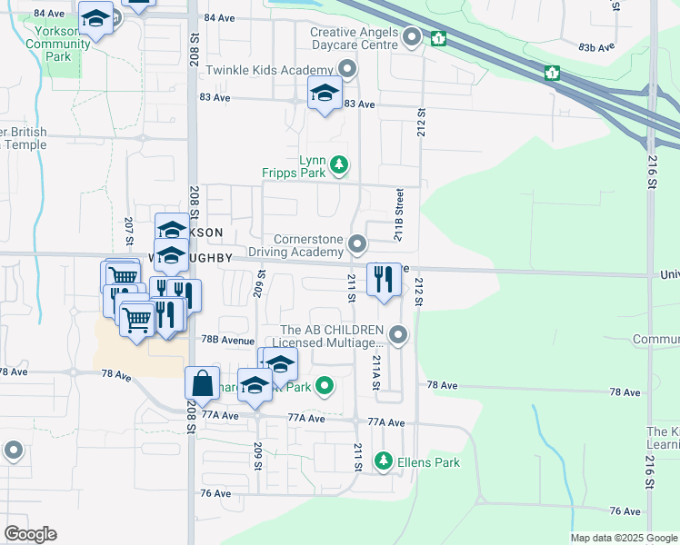 map of restaurants, bars, coffee shops, grocery stores, and more near 21080 80 Avenue in Langley Township