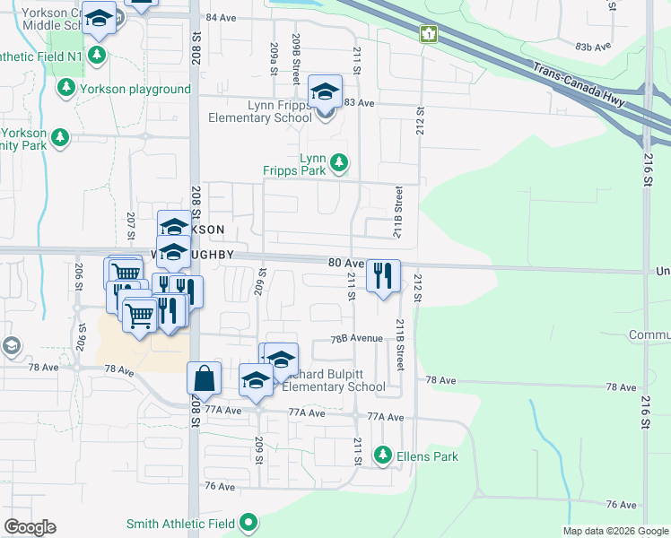 map of restaurants, bars, coffee shops, grocery stores, and more near 21072 80 Avenue in Langley Township