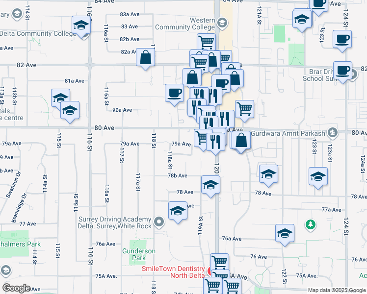 map of restaurants, bars, coffee shops, grocery stores, and more near 11910 79A Avenue in Delta