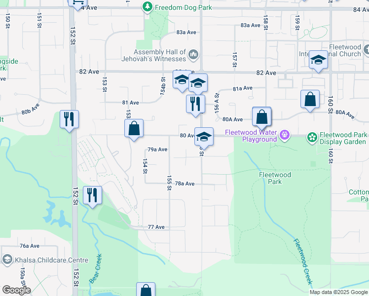 map of restaurants, bars, coffee shops, grocery stores, and more near 7980 155A Street in Surrey