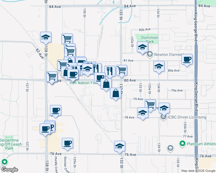 map of restaurants, bars, coffee shops, grocery stores, and more near 13128 80 Avenue in Surrey
