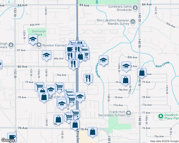 map of restaurants, bars, coffee shops, grocery stores, and more near in Surrey