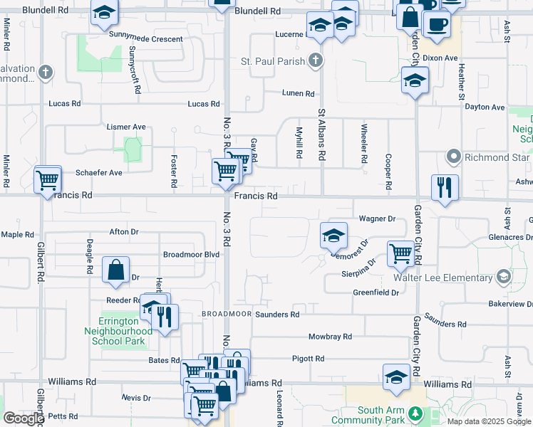map of restaurants, bars, coffee shops, grocery stores, and more near 8391 Rideau Drive in Richmond