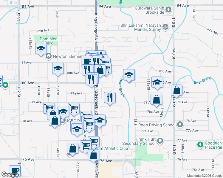 map of restaurants, bars, coffee shops, grocery stores, and more near in Surrey