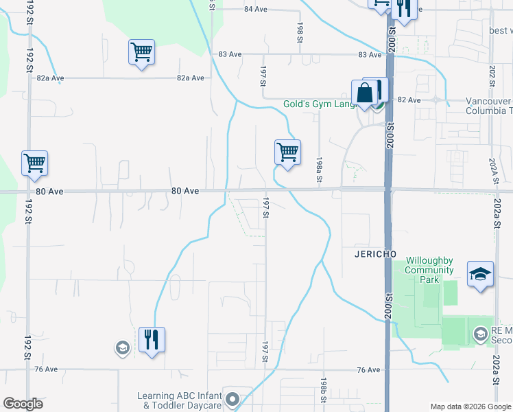 map of restaurants, bars, coffee shops, grocery stores, and more near 7967 197 Street in Langley Township
