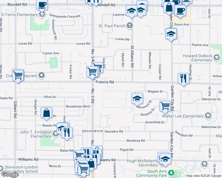 map of restaurants, bars, coffee shops, grocery stores, and more near 8411 Rideau Drive in Richmond