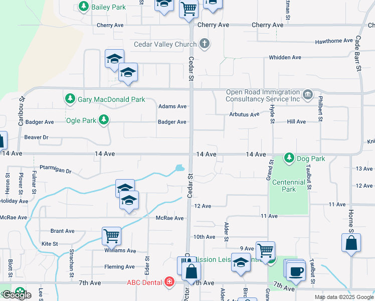 map of restaurants, bars, coffee shops, grocery stores, and more near 32791 14 Avenue in Mission