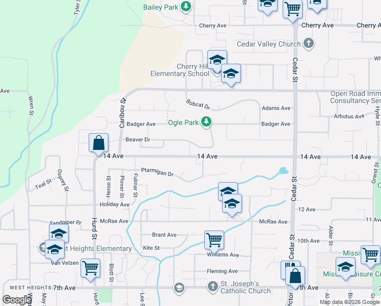 map of restaurants, bars, coffee shops, grocery stores, and more near 32483 14 Avenue in Mission