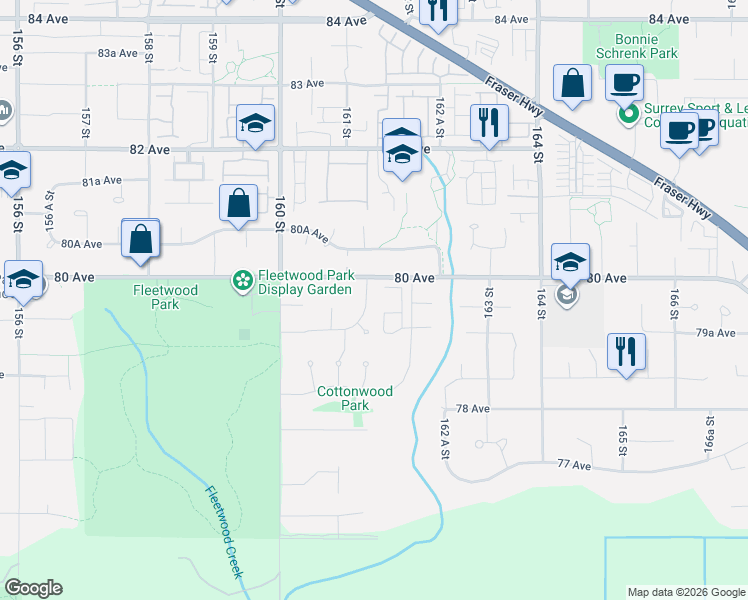 map of restaurants, bars, coffee shops, grocery stores, and more near 7968 161A Street in Surrey