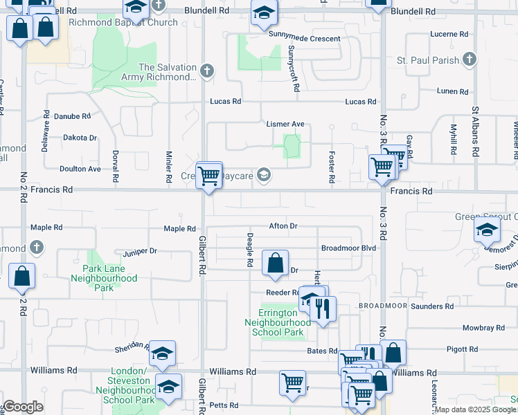 map of restaurants, bars, coffee shops, grocery stores, and more near McCutcheon Place in Richmond