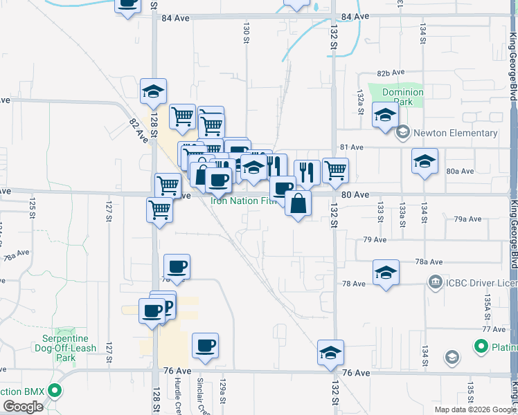 map of restaurants, bars, coffee shops, grocery stores, and more near 13018 80 Avenue in Surrey