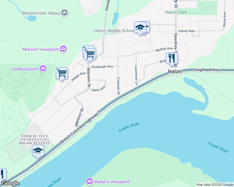 map of restaurants, bars, coffee shops, grocery stores, and more near 34699 Lougheed Highway in Mission