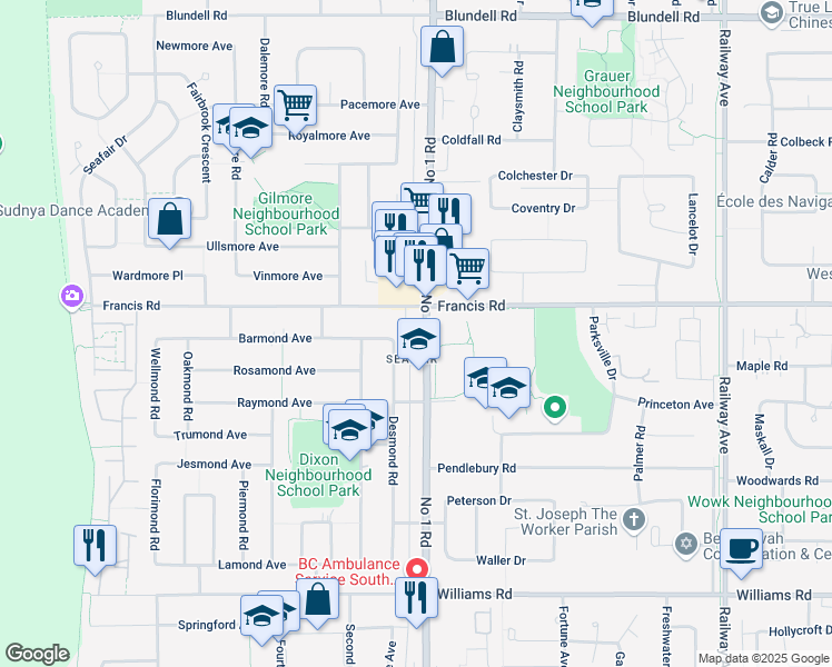 map of restaurants, bars, coffee shops, grocery stores, and more near 9073 Number 1 Road in Richmond