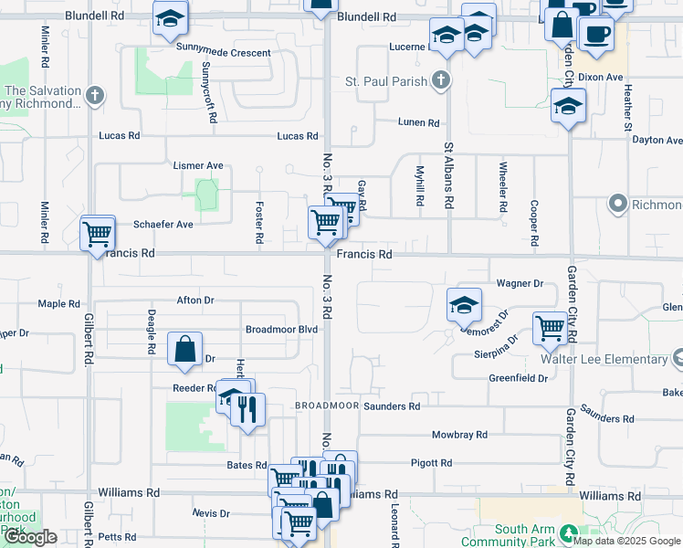 map of restaurants, bars, coffee shops, grocery stores, and more near 9080 Number 3 Road in Richmond