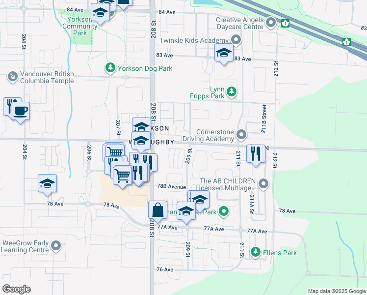map of restaurants, bars, coffee shops, grocery stores, and more near 7947 209 Street in Langley Township