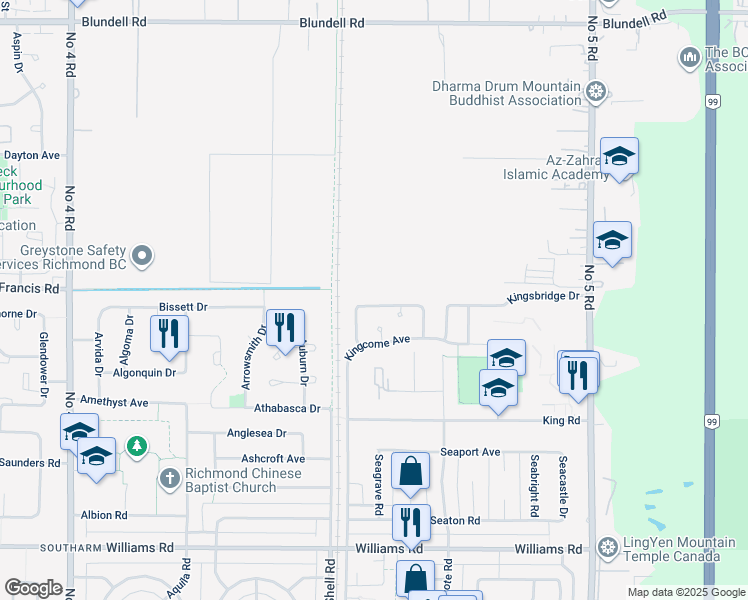 map of restaurants, bars, coffee shops, grocery stores, and more near 9365 Kingsley Crescent in Richmond