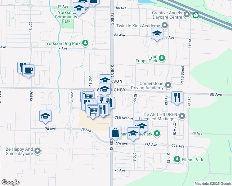 map of restaurants, bars, coffee shops, grocery stores, and more near 20834 80 Avenue in Langley Township