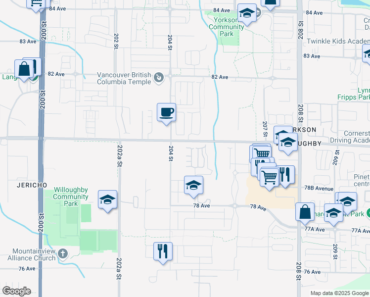 map of restaurants, bars, coffee shops, grocery stores, and more near 7919 204B Street in Langley Township