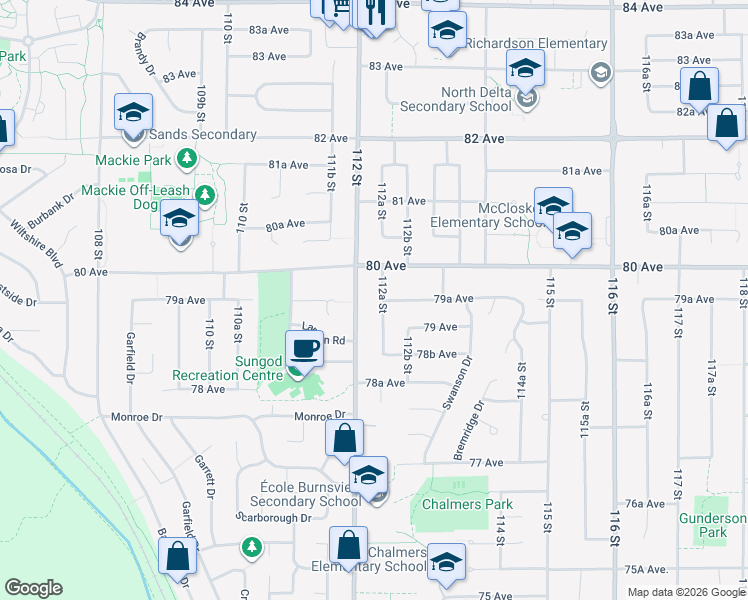 map of restaurants, bars, coffee shops, grocery stores, and more near 7961 112A Street in Delta