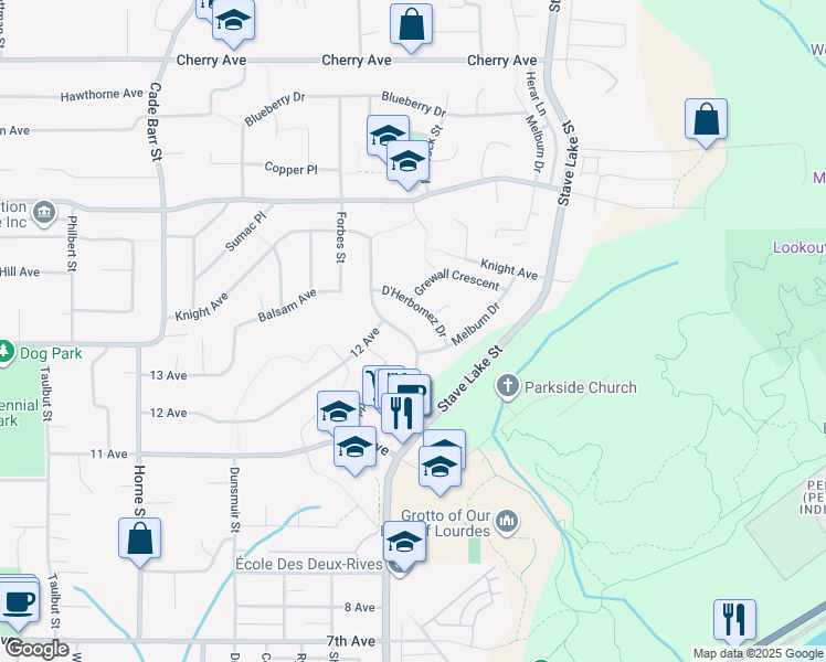 map of restaurants, bars, coffee shops, grocery stores, and more near 8010 Topper Drive in Mission